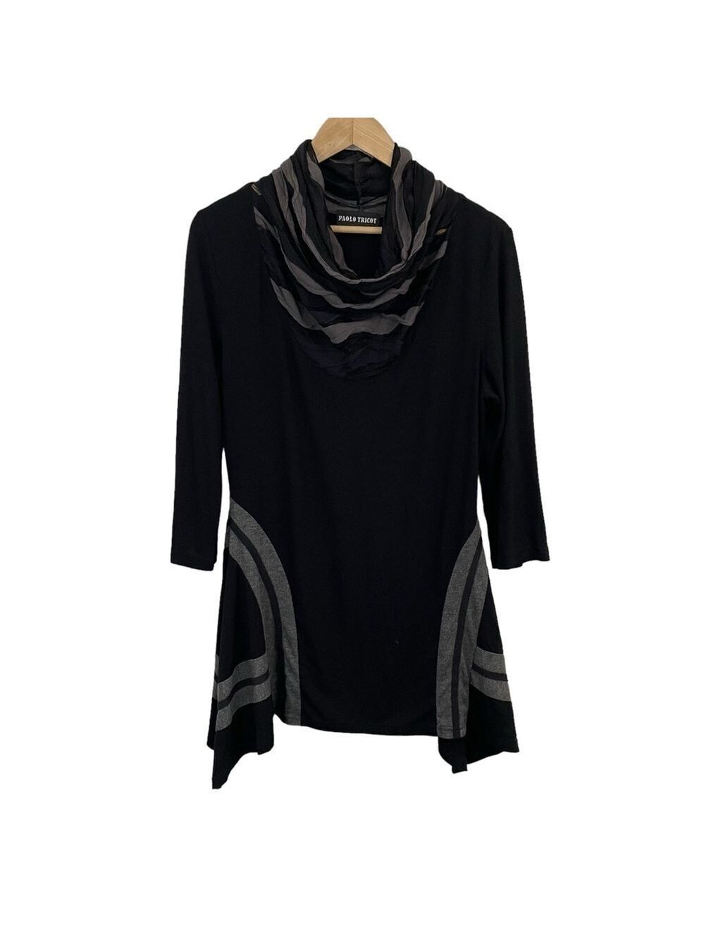Paolo Tricot Lagenlook Tunic Top Dress Womens M Black Cowl Neck Artsy Slouchy